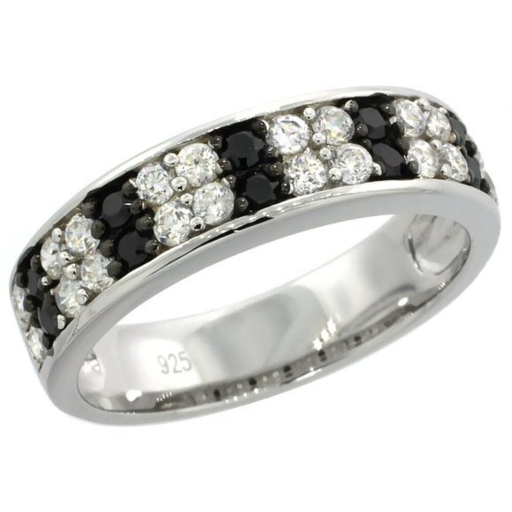 Sterling Silver 2-Row Flat Ring Band w/ Brilliant Cut Clear & Black CZ Stones